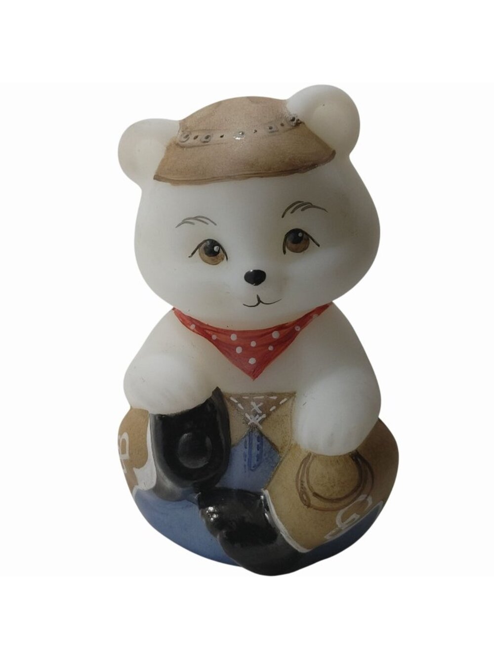 Fenton Sitting Bear Cowboy 5151 CB Figurine Hand Painted Jim E. Hat Bandana
